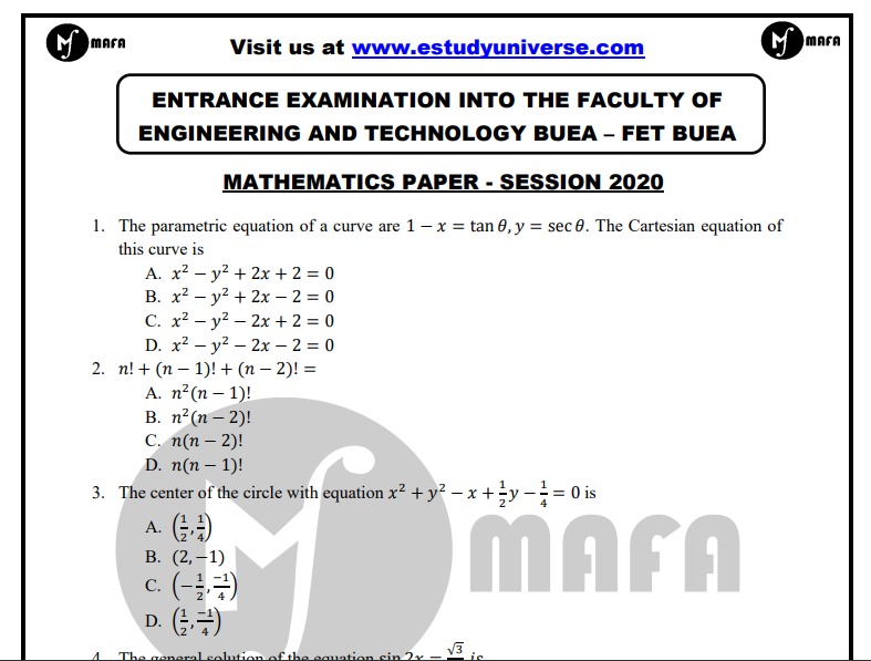 ENTRANCE EXAMINATION INTO THE FACULTY OF ENGINEERING AND TECHNOLOGY BUEA – FET BUEA